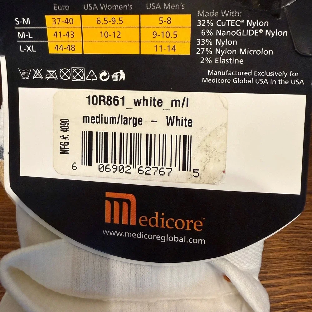Medicore Work Socks White Med-Lg Copper CuTEC NanoGLIDE Anti-Blister Crew 10R861